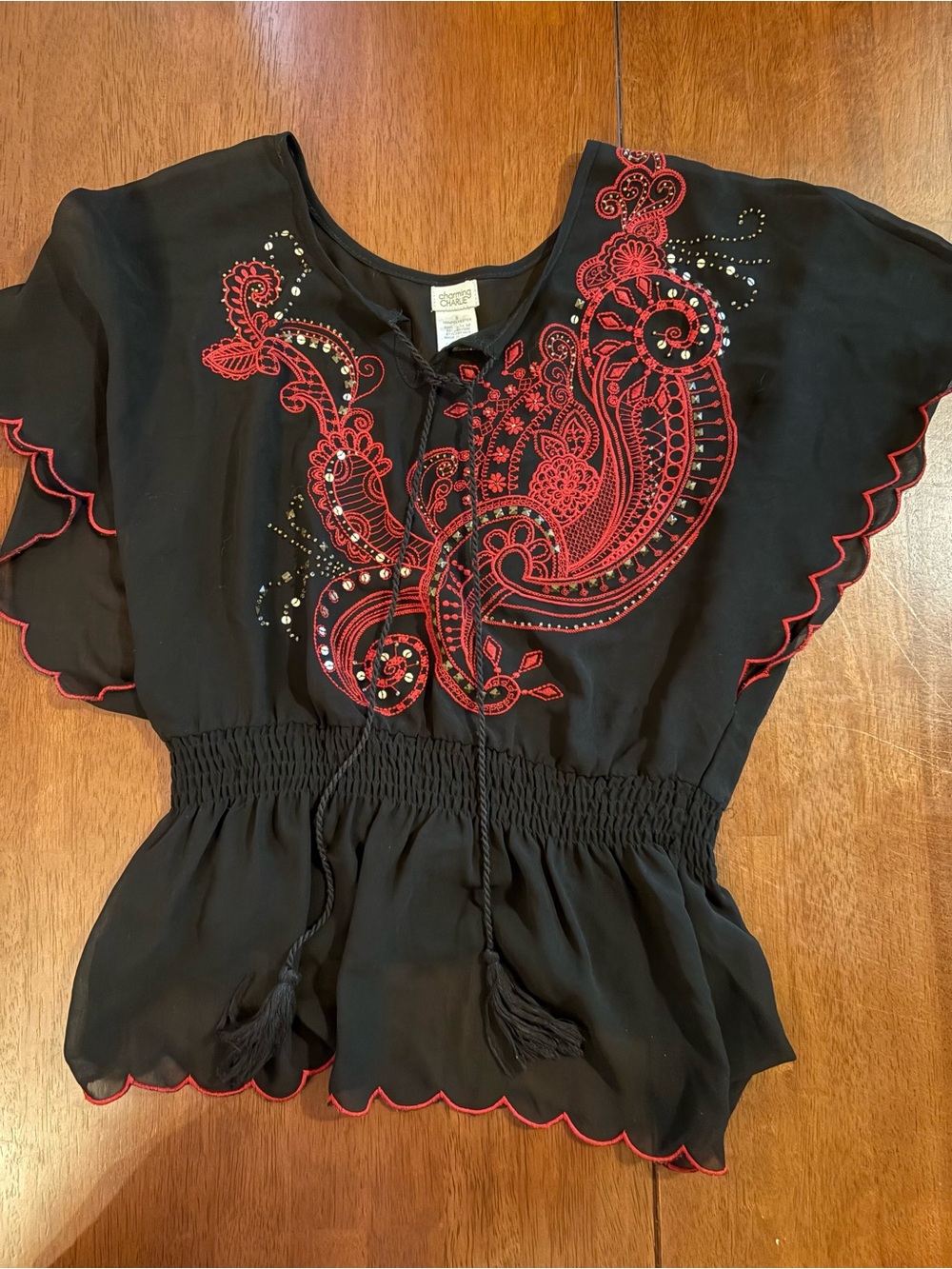 Charming Charlie Black Blouse with Red Paisley Embroidery